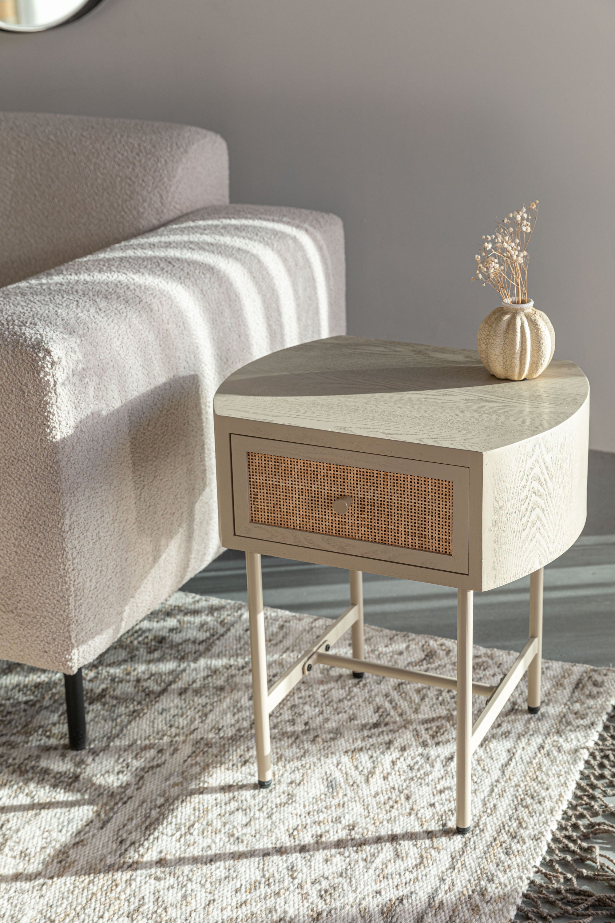 Amaya Beige Wood & Natural Rattan Bedside/Side Table